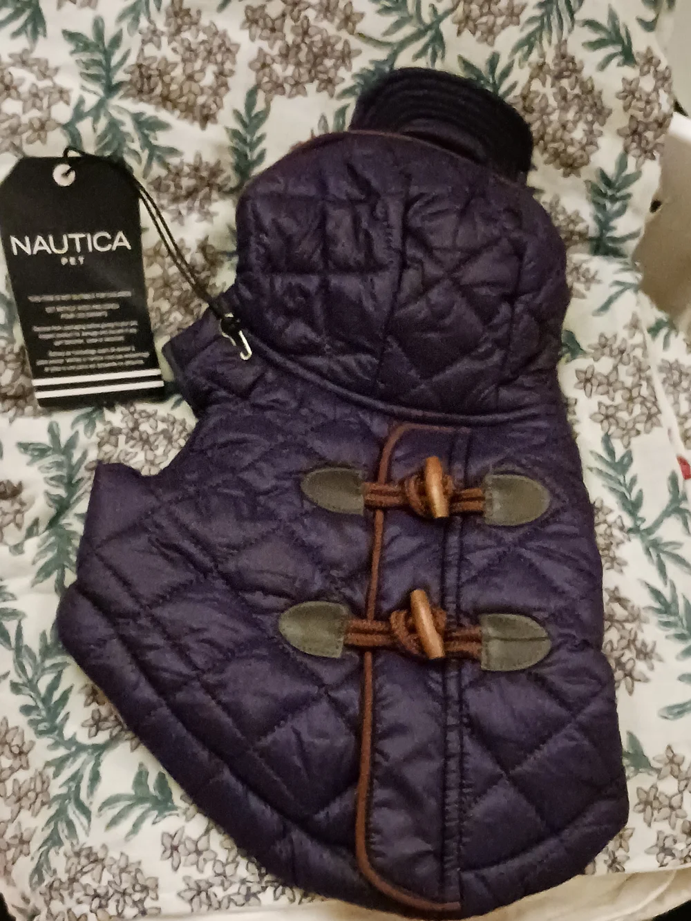 Nautica Quilted Fleece Plush Navy Dog Coat with Hood